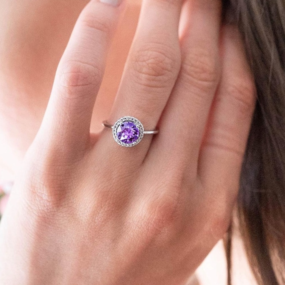 Dainty Amethyst Halo 14k White Gold February Birthstone Ring - Picture 5 of 11